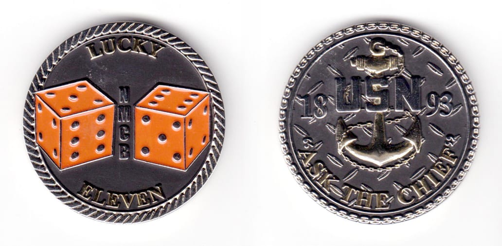 Round shaped coin, silver in color, 1 3/4 inches in diameter.