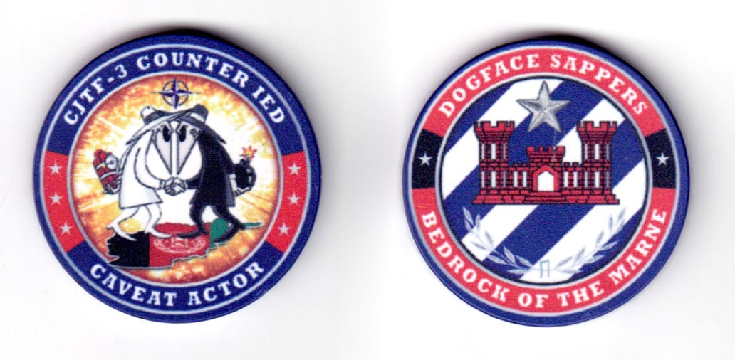 Round shaped poker chip, blue in color, 1 47/64 inches in diameter.