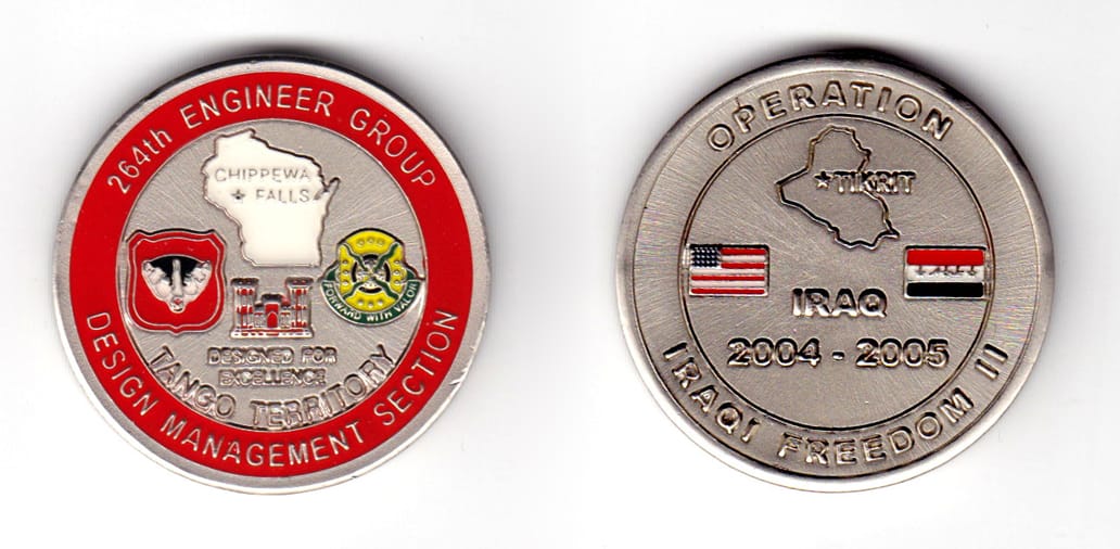 Round shaped coin, pewter in color, 1 11/16th inches in diameter.