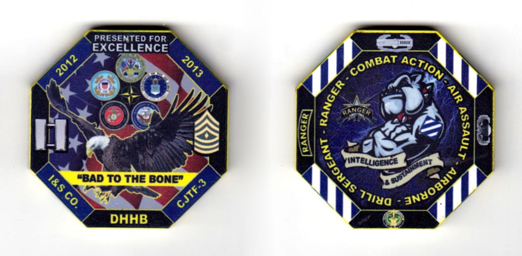 Octogon shaped poker chip, yellow and black in color, 1 57/64 inches high x 1 57/64 inches wide.