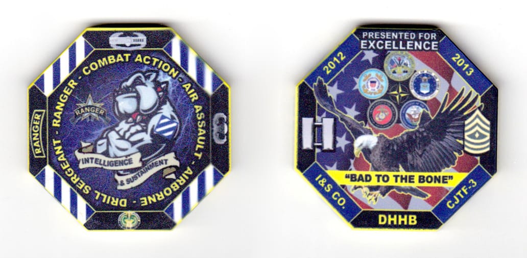 Octogon shaped poker chip, yellow and black in color, 1 57/64 inches high x 1 57/64 inches wide.