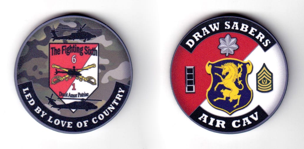 Round shaped poker ship, red, white and camo in color, 1 27/64 inches in diameter.