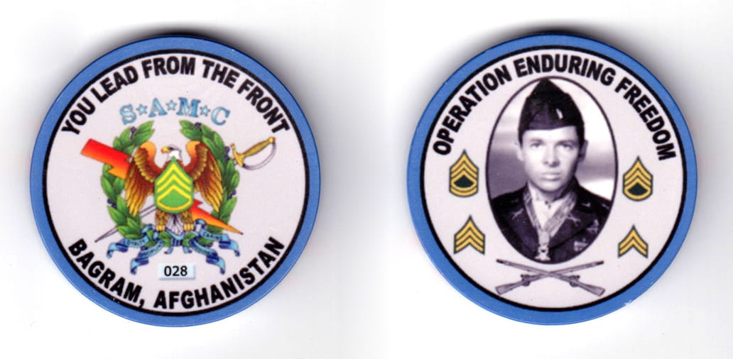 Round shaped poker chip, blue and white in color, 1 59/64 inches in diameter.