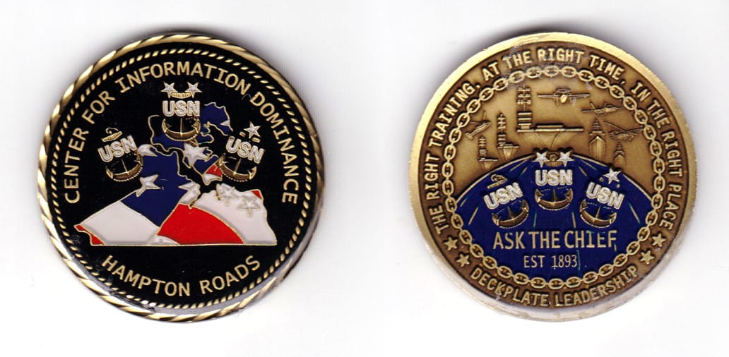 Round shaped coin, antique brass in color, 1 51/64 inches in diameter.