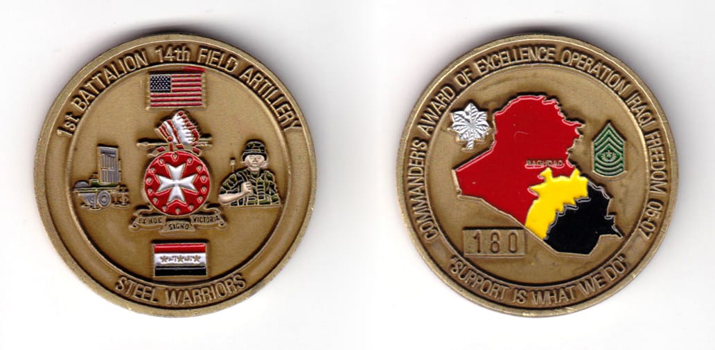 Round shaped coin, antique brass in color, 1 25/32 inches in diameter.