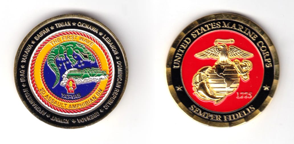 Round shaped coin, bass in color, 1 49/64 inches in diameter.