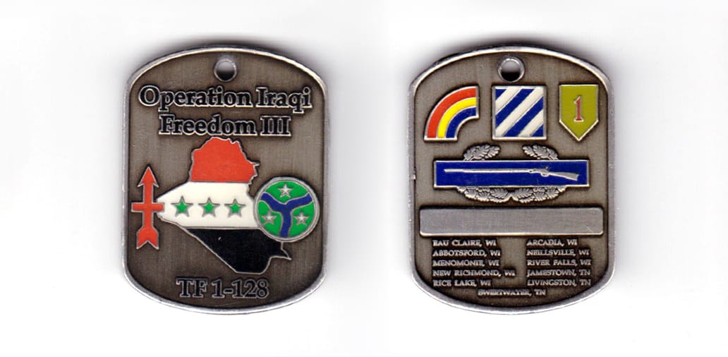 Rectangular shaped coin with short sides rounded, pewter in color, 1 3/4 inches high x 1 23/64 inches wide.