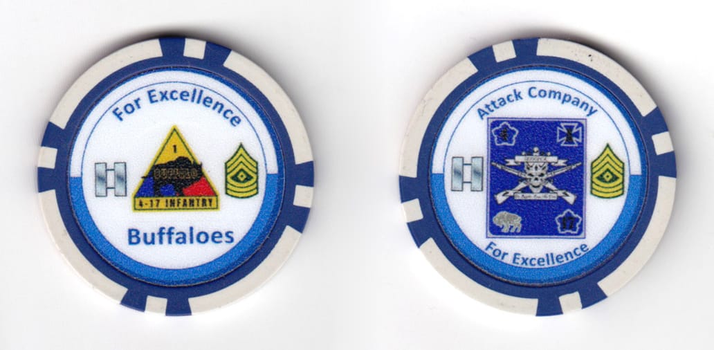 Round shaped poker chip, white and blue in color, 1 37/64 inches in diameter.