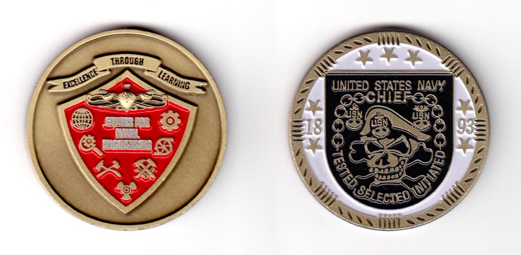 Round shaped coin, antique brass in color, 1 19/32 inches in diameter.