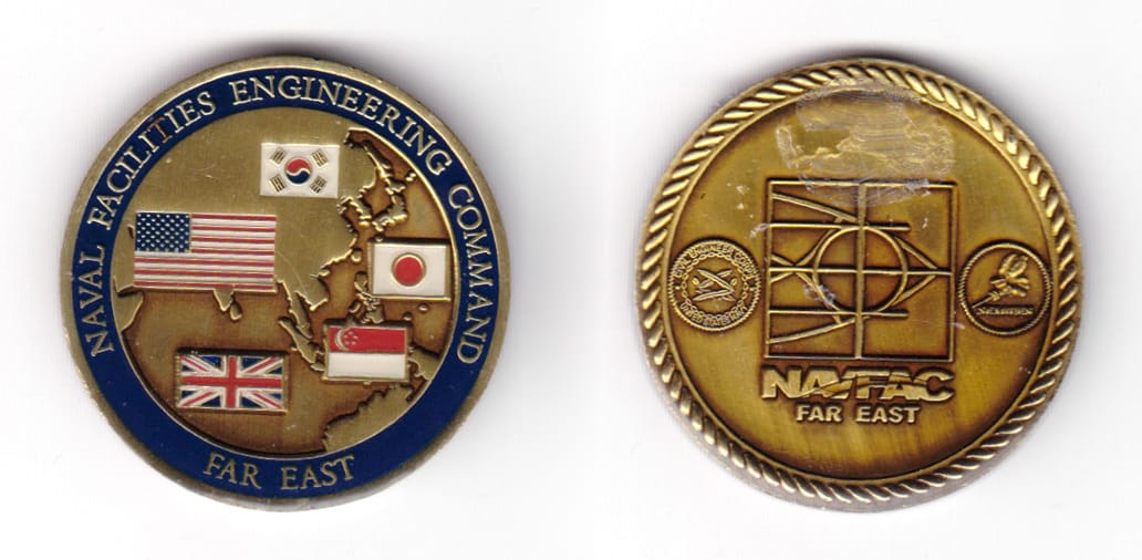 Round shaped coin, antique brass in color, 1 37/64 inches in diameter.