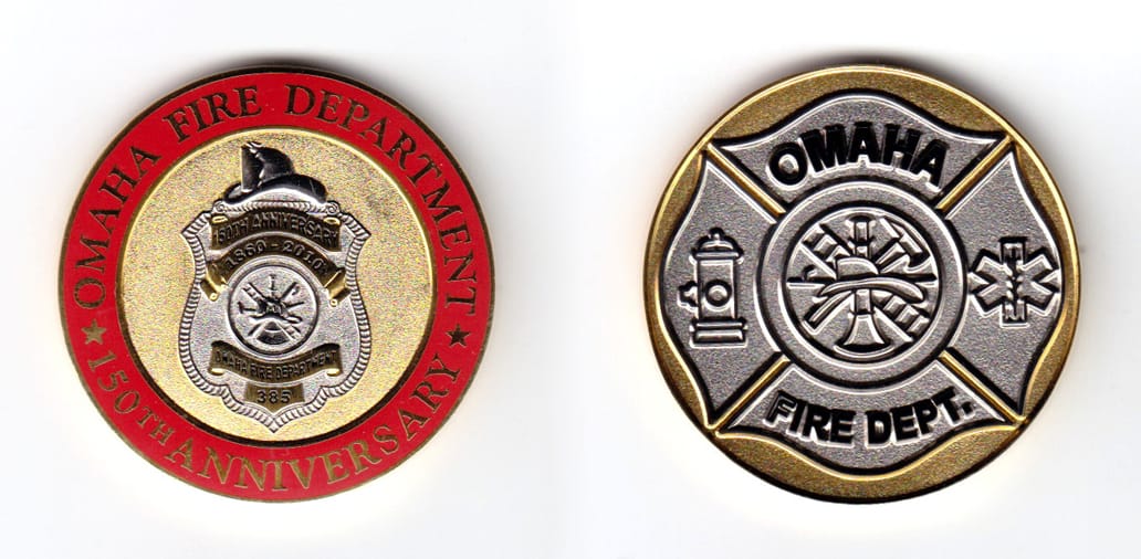 Round shaped coin, brass in color, 1 3/4 inches in diameter.