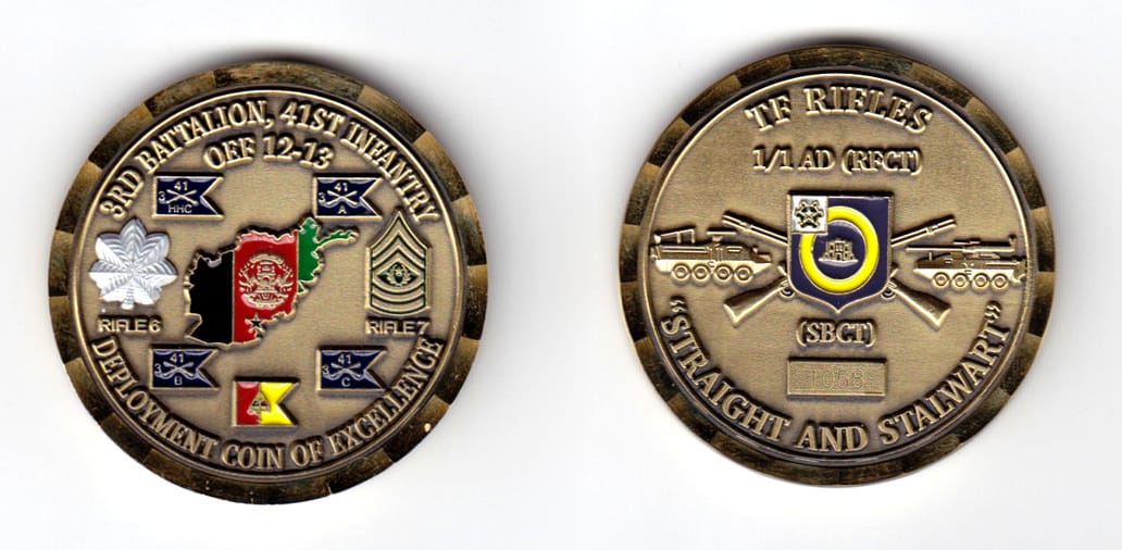 Round shaped coin, antique brass in color, 1 25/64 inches in diameter.