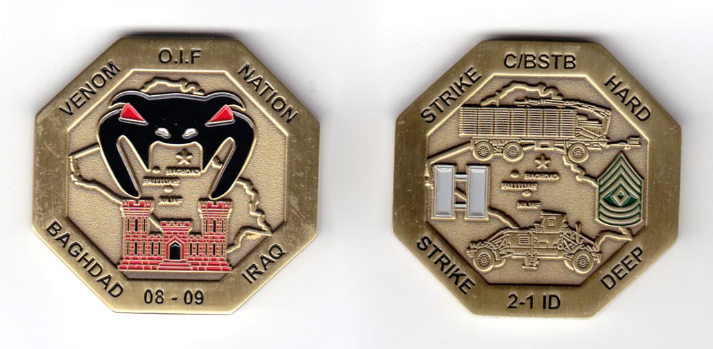 Octogon shaped coin, antique brass in color, 1 15/16 inches high x  1 15/16 inches wide.