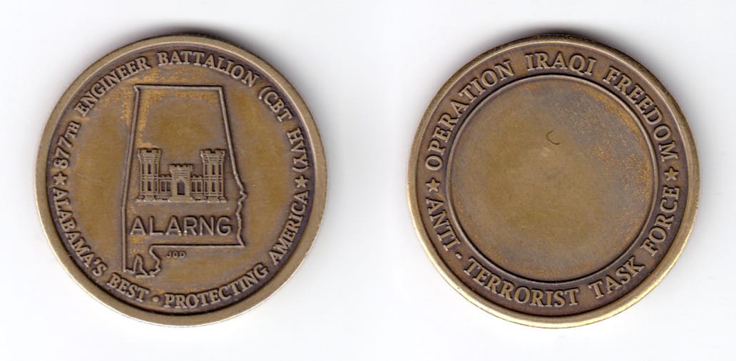 Round shaped coin, antique brass in color, 1 35/64 inches in diameter.