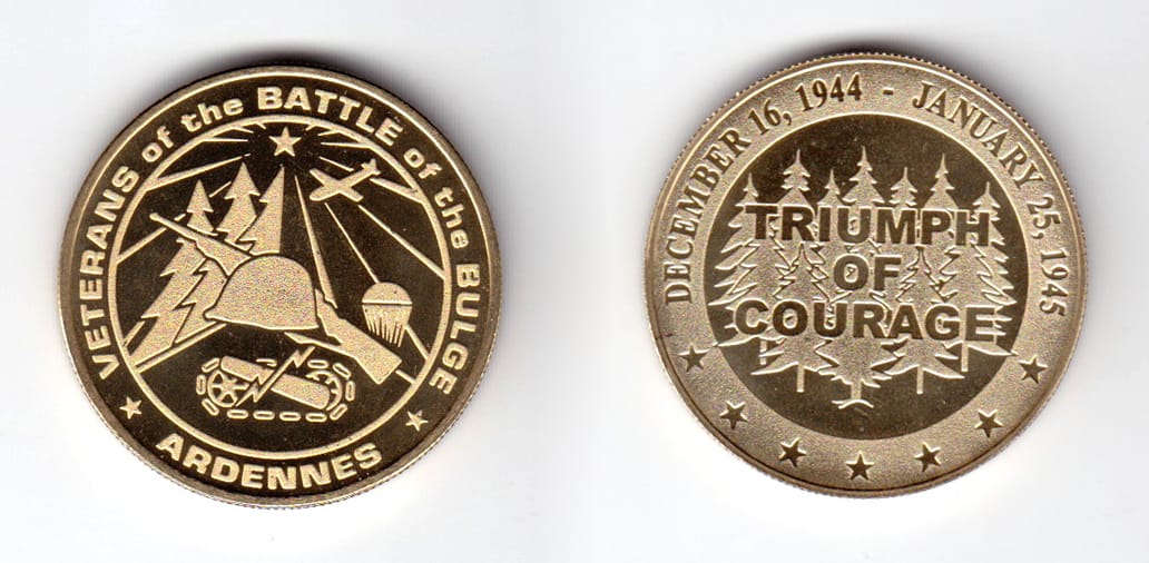 Round shaped coin, gold in color, 1 17/32 inches in diameter.