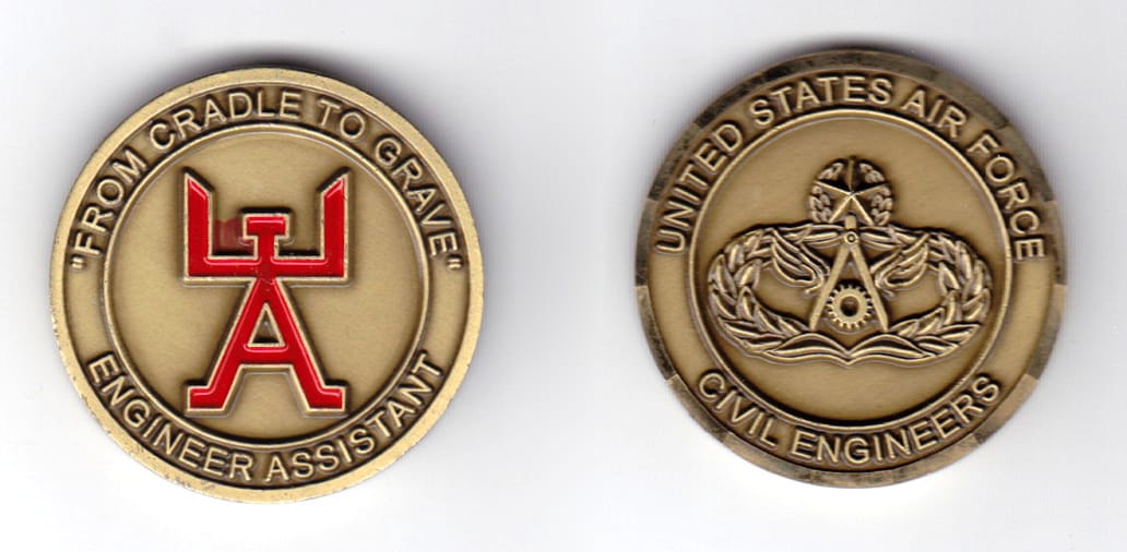 Round shaped coin, antique brass in color, 1 37/64 inches in diameter.