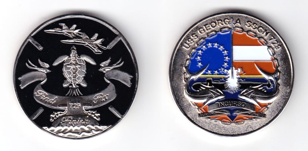 Round shaped coin, pewter in color, 2 inches in diameter.