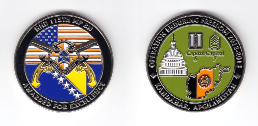 Round shaped coin, brass in color, 2 1/64 inches in diameter.