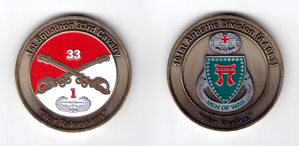 Round shaped coin, antique brass in color, 1 63/46 inches in diameter.