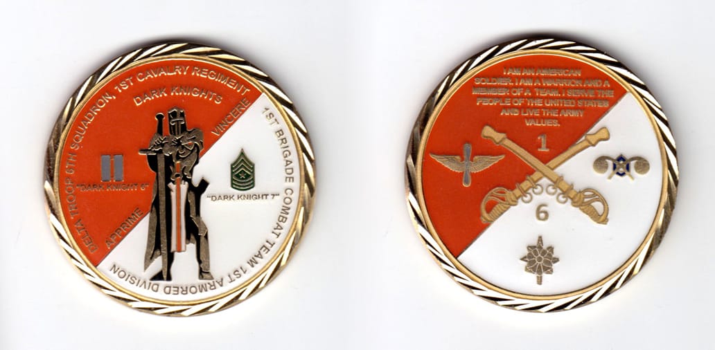 Round shaped coin, brass in color, 2 inches in diameter.