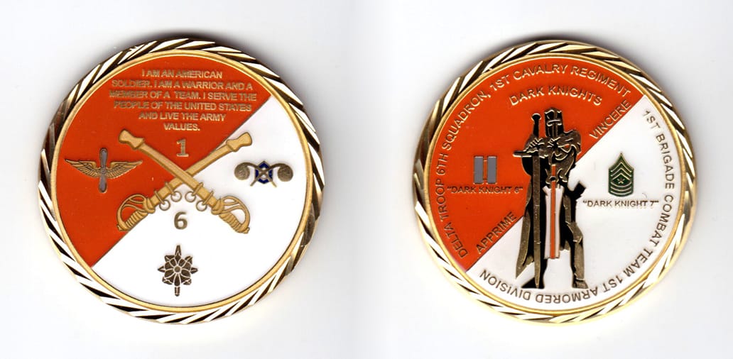 Round shaped coin, brass in color, 2 inches in diameter.