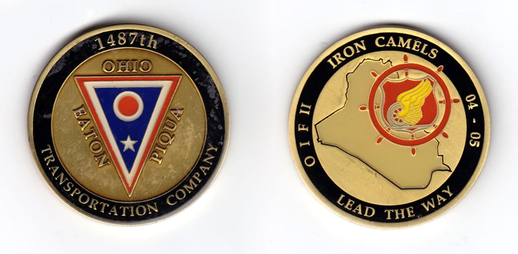 Round shaped coin, antique brass on color, 1 31/32 inches in diameter.