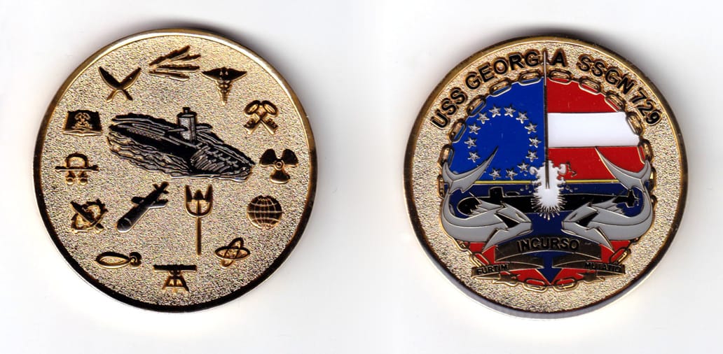 Round shaped coin, brass in color, 2 inches in diameter.