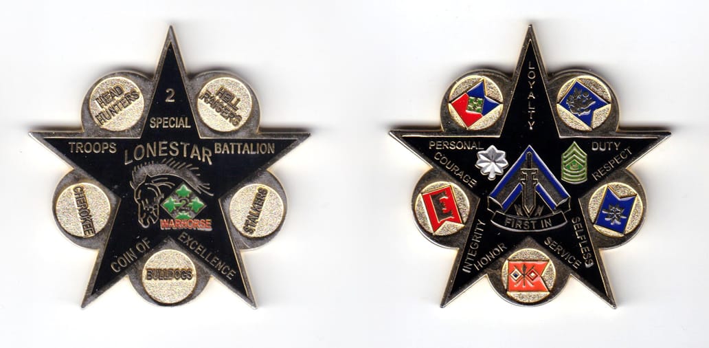 Five-star shaped coin with round inserts at each angle, brass in color, 2 7/32 inches high x 2 15/64 inches wide.