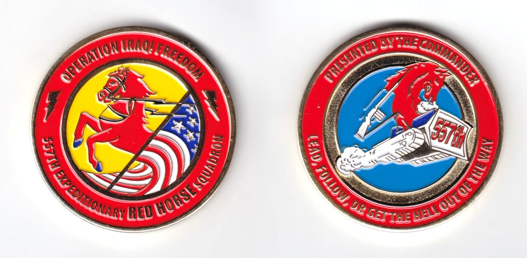 Round shaped coin, brass in color, 2 1/64 inches in diameter.