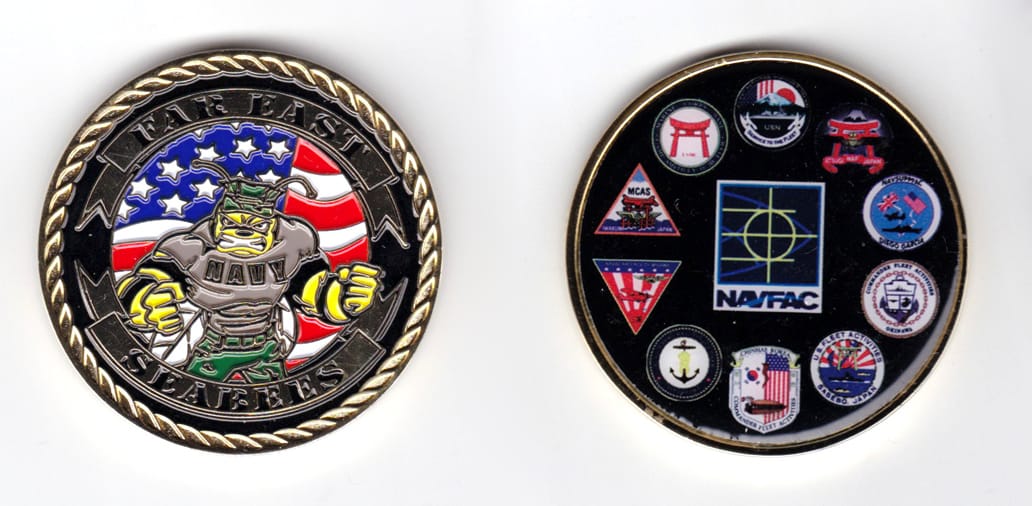 Round shaped coin, brass in color, 2 1/64 inches in diameter.