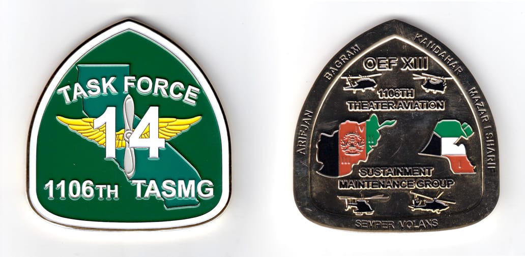 Coin is shaped like a California road sign, brass in color, 3 1/4 inches high x 3 inches wide.