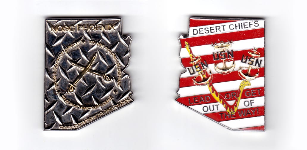 Arizona shaped coin, antique brass in color, 2 1/4 inches high x 1 3/4 inches wide.