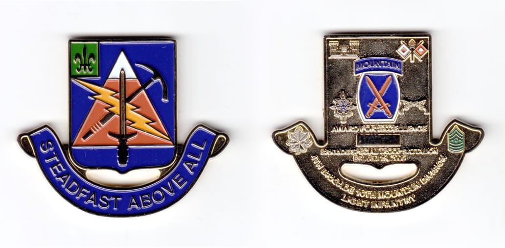 Shield shaped coin with ribbon banner under, brass in color, 2 inches high x 2 1/2 inches wide.