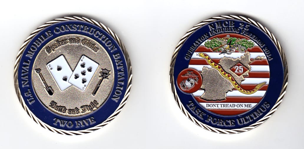 Round shaped coin, brass in color, 2 inches in diameter.