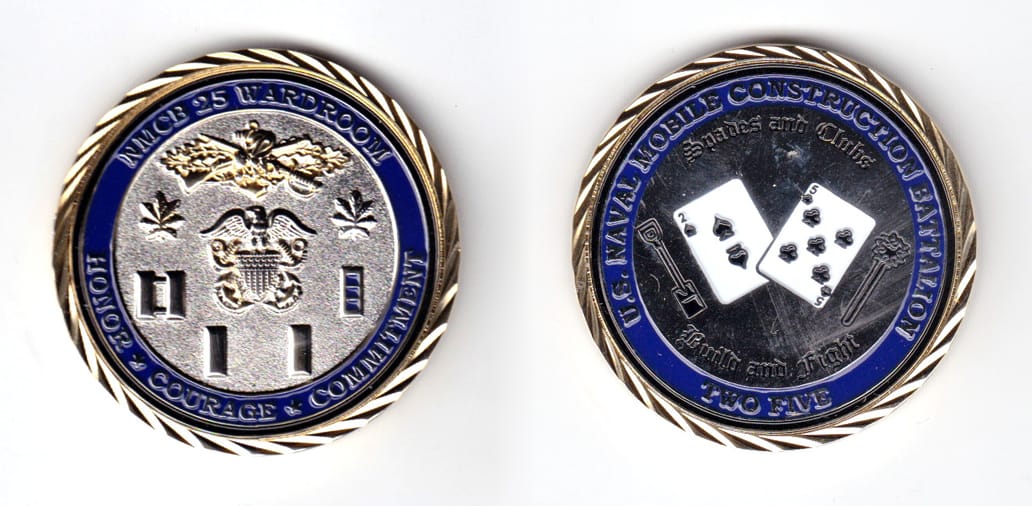 Round shaped coin, brass in color, 1 3/4 inches in diameter.