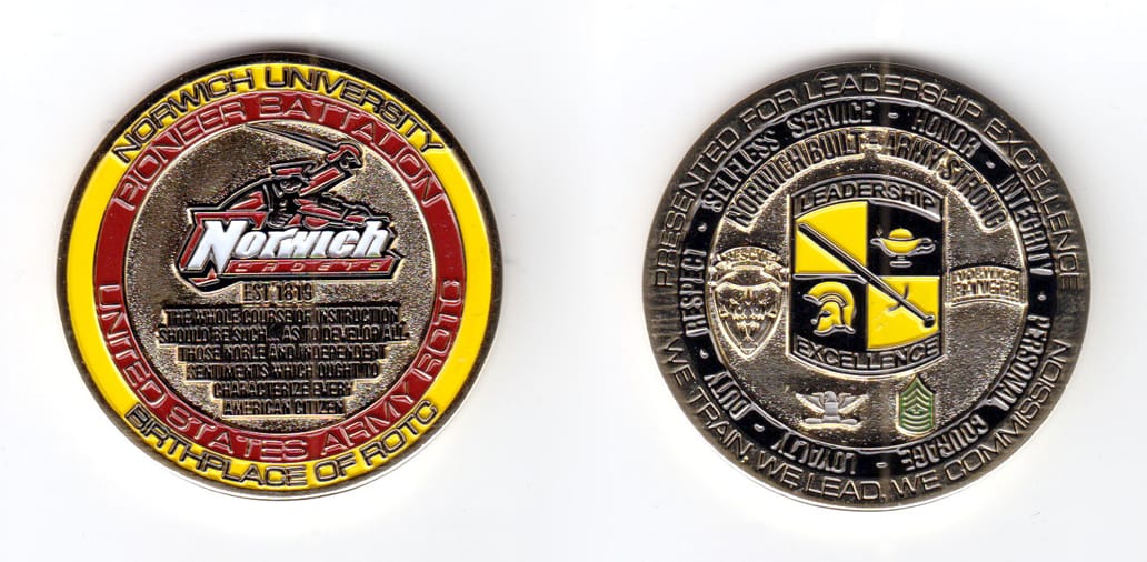 Round shaped coin, brass in color, 1 3/4 inches in diameter.