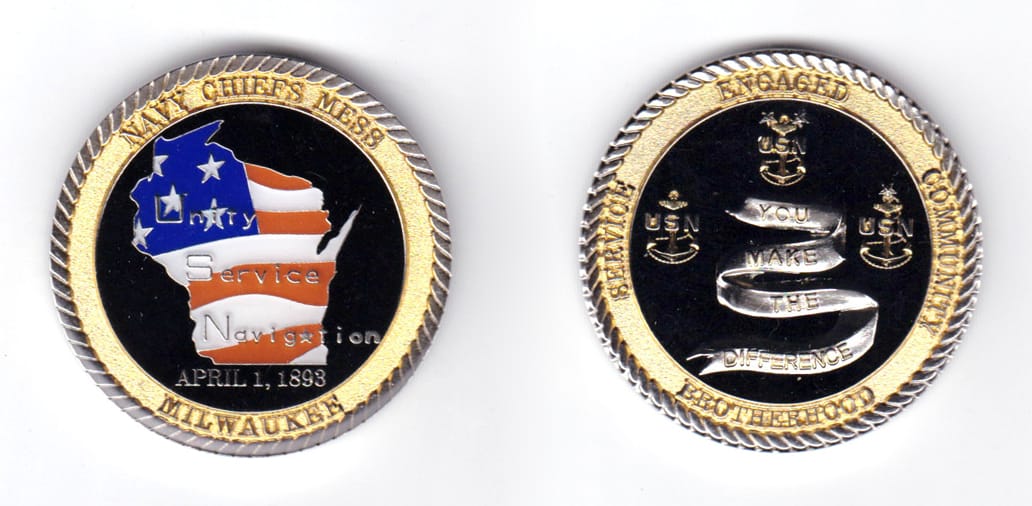 Round shaped coin, pewter in color, 1 3/4 inches in diameter.