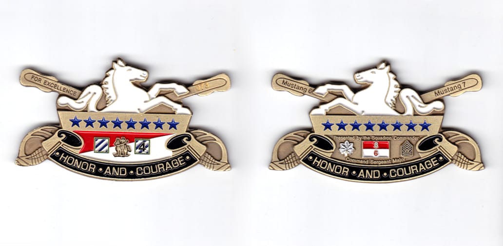 Part of a triangular shaped coin, topped by a rearing white horse and with below a ribbon banner and behind a pair of cr...