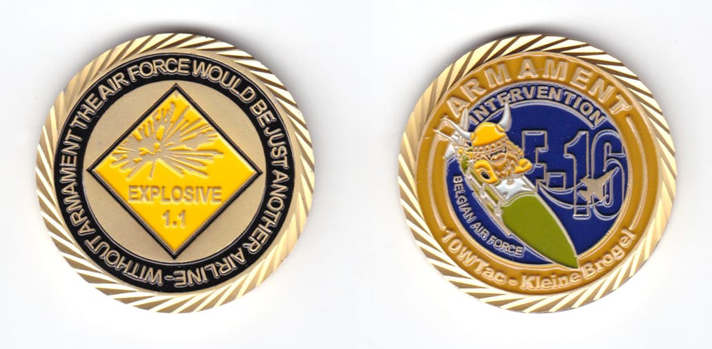 Round shaped coin, brass in color, 1 5/8 inches in diameter.