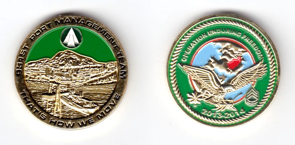 Round shaped coin, brass in color, 1 1/2 inches in diameter.