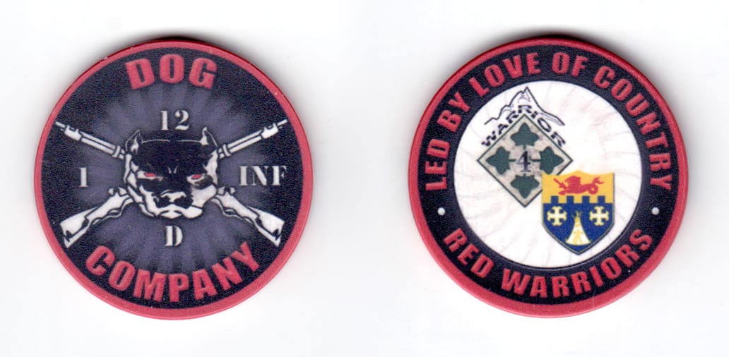 Round shaped poker chip, red & black in color. 1 1/2 inches in diameter.