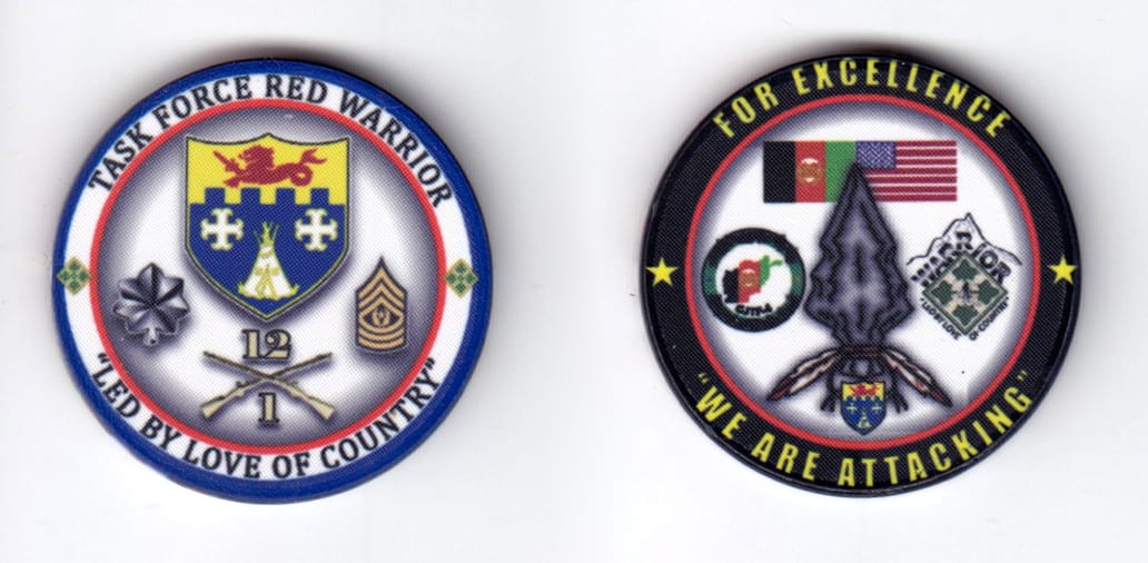 Round shaped poker chip, black & blue in color, 1 1/2 inches in diameter.