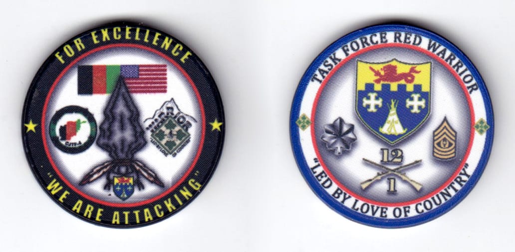 Round shaped poker chip, black & blue in color, 1 1/2 inches in diameter.