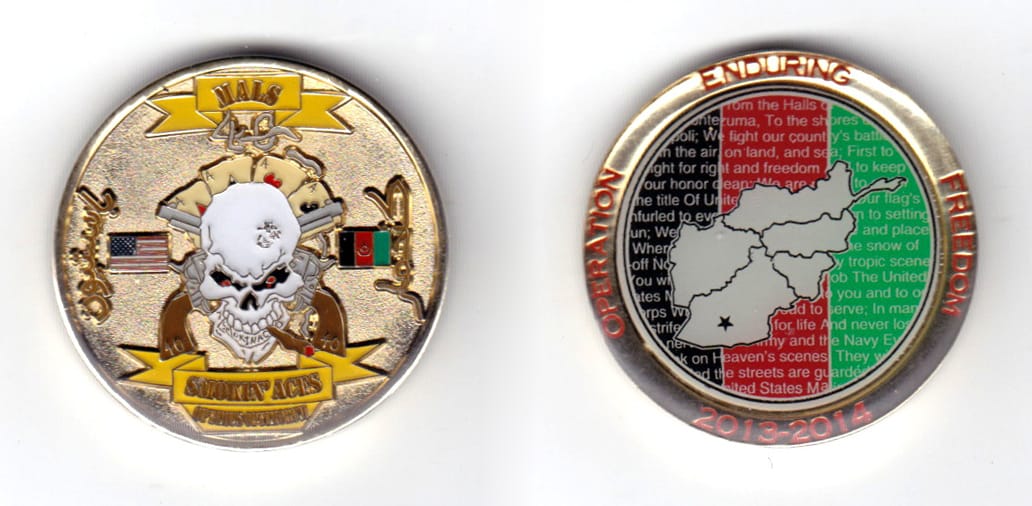 Round shaped coin, brass in coor, 1 1/2 inches in diameter.