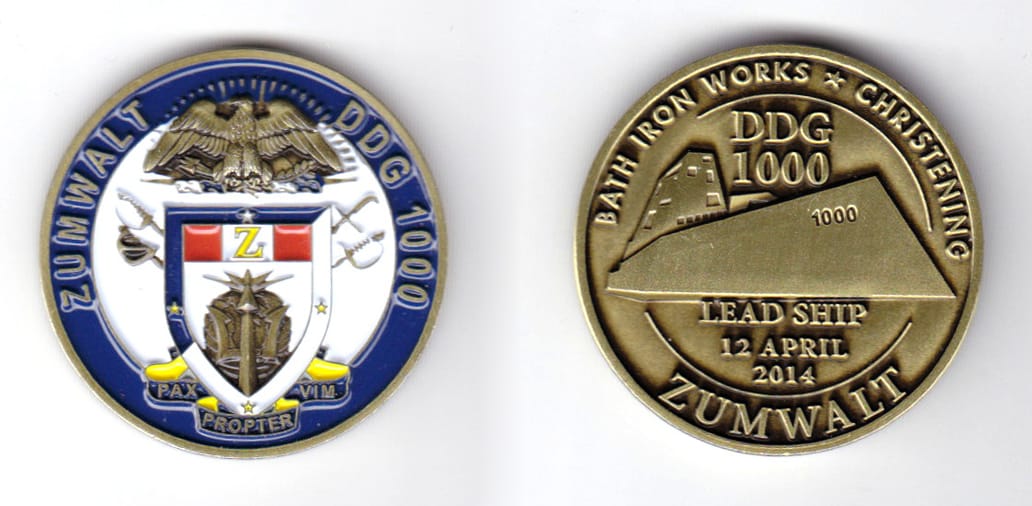 Round shaped coin, brass in color, 1 1/2 inches in diameter.