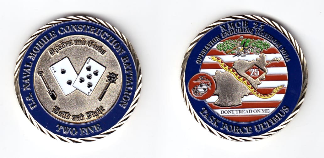 Round shaped coin, brass in color, 2 inches in diameter.