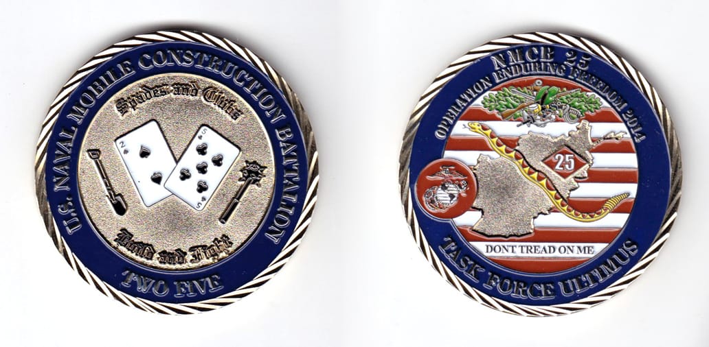 Round shaped coin, brass in color, 2 inches in diameter.