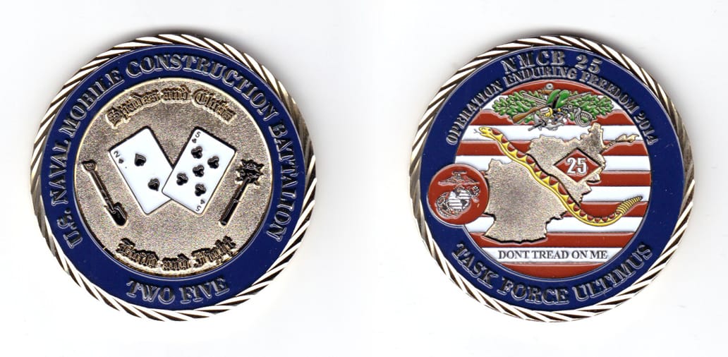 Round shaped coin, brass in color, 2 inches in diameter.