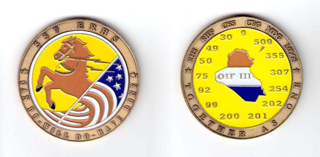 Round shaped coin, antique brass in color, 2 inches in diameter.