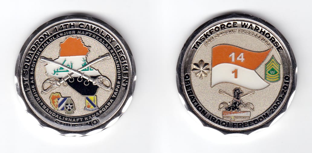 Round shaped coin, silver in color, 2 inches in diameter.